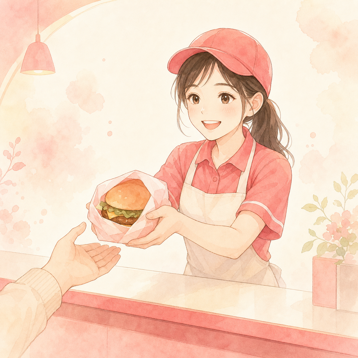 ファストフード店でハンバーガーを手渡してくれるスタッフ